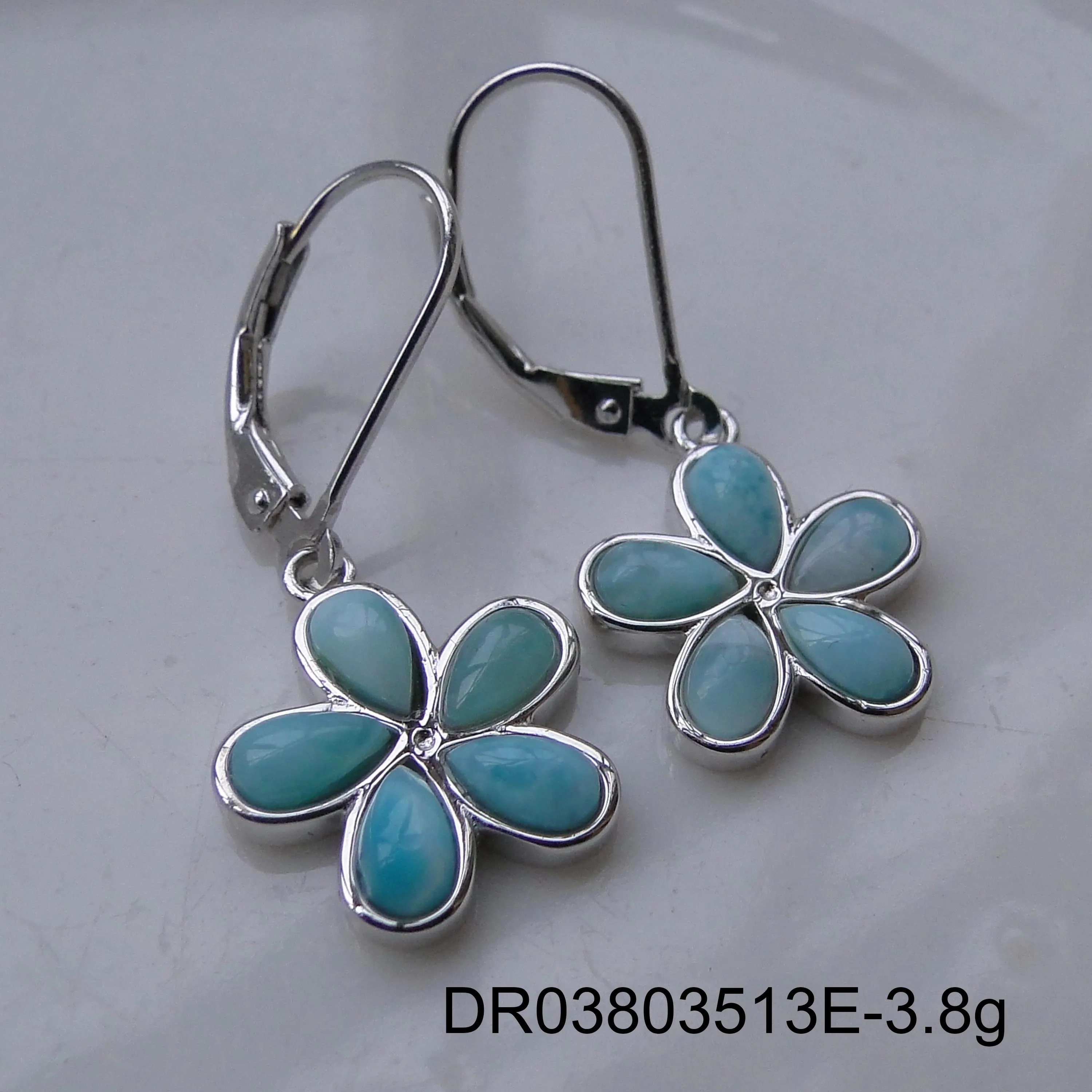 

100% 925 Sterling Silver Natural Larimar Plumeria Flower Drop Dangle Earrings For Women Gift