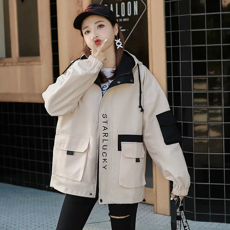 Women Hooded Windbreakers Spring Autumn Fashion Print Age-reducing Coat Student Frock Jackets Casual Loose BF Style Jacket Coats