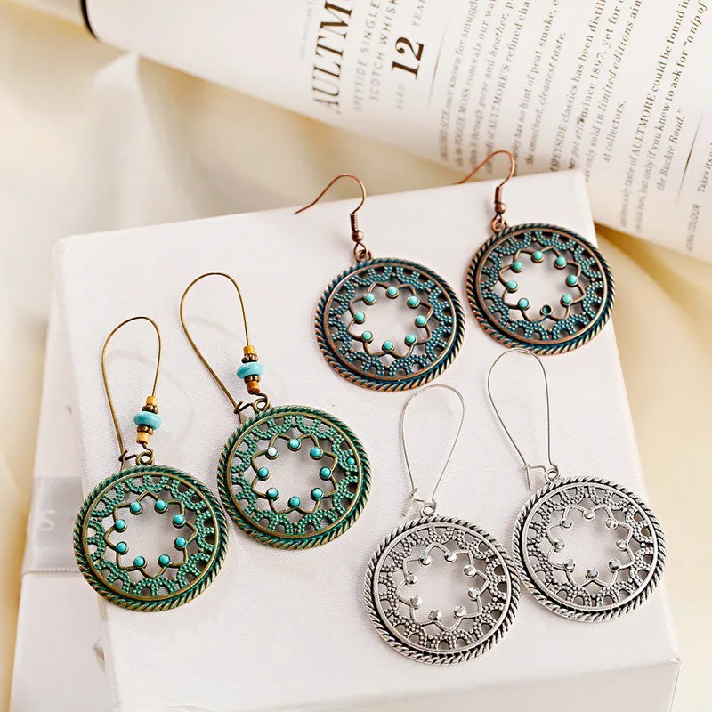 Indian Jewelry Ethnic Green Round Jhumka Earrings For Women Vintage Bronze Metal Earrings Brincos Mujer