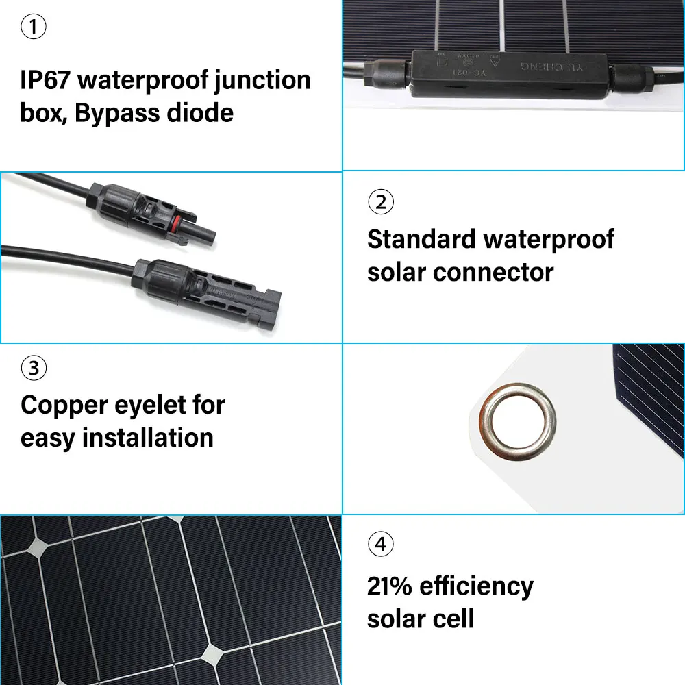 12v 100w 200w 300w high efficiency Monocrystalline Solar Cell flexible solar panel kit for 12 volt battery camping