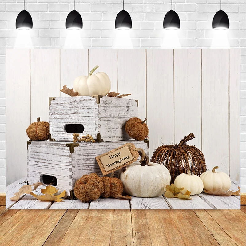 Mocsicka Thanksgiving Photography Background Wooden Box Pumpkin Decoration Family Party Photo Backdrops Banner