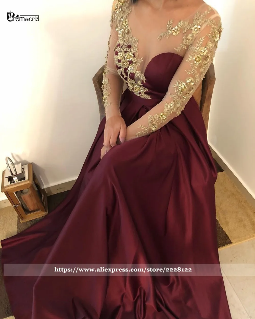 Elegant Burgundy A-Line Evening Dresses Illusion Long Sleeve Formal Prom Dress 2024 Gold Flowers Lace Satin Robe De Soiree