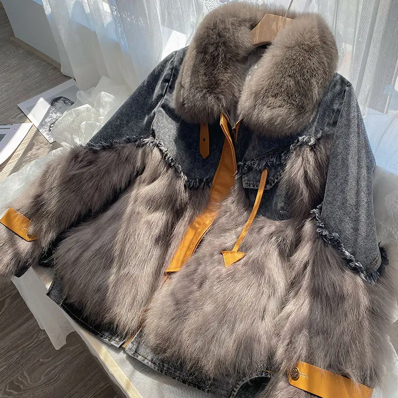 Natural Fox Fur Collar Thick Warm Denim Jacket Women Winter Coat With Real Fox Fur Female A Style Loose Size Clothing