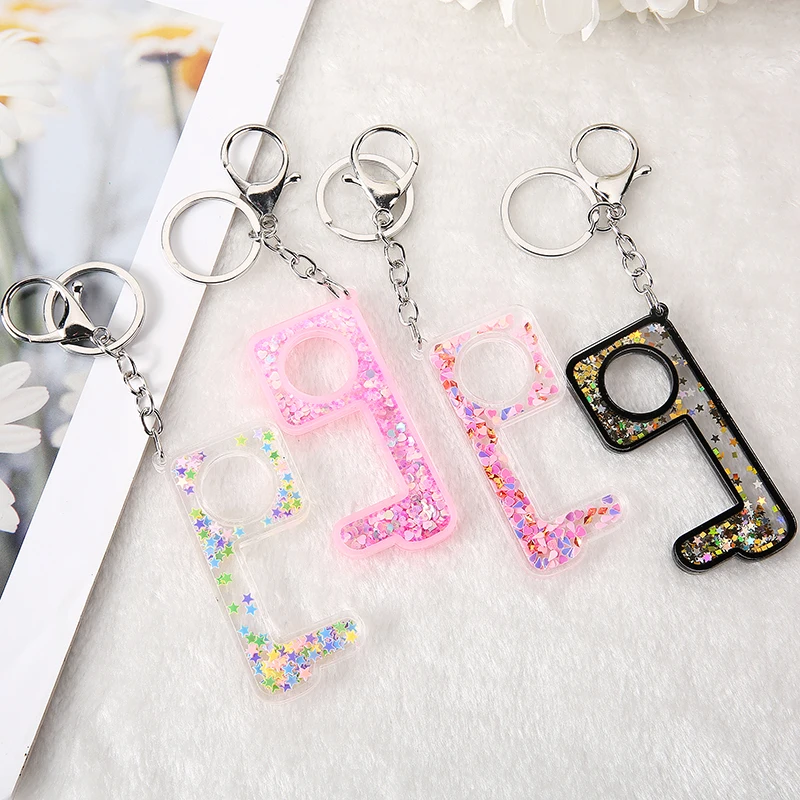 1PC  No Touch Door Opener Keychain Contactless Use of Phone, Atm,Elevators and POS Women Handbag Keyring Glitter Hollowed-Out