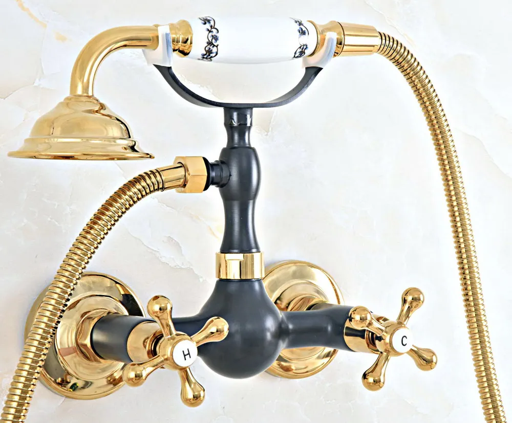 

Gold & Black Oil Rubbed Brass Wall Mount Bathtub Faucet with Handheld Shower Set +1.5M Hose Mixer Tap 2na453