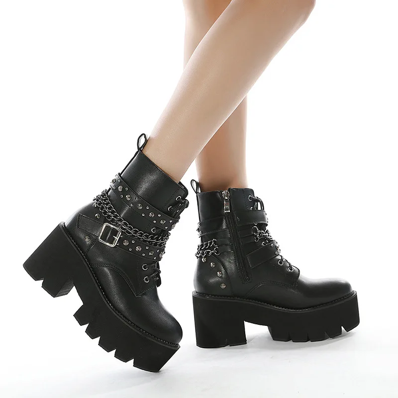 2024 Gothic Black Ankle Boots For Women Plus High Heel Female Shoes Lace-Up Nigh Club Black Sexy Rivets Chain Short Boots image 2