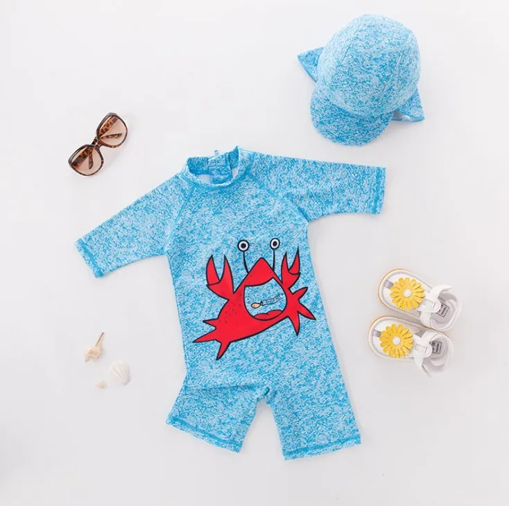 Baby Boy Swimsuit/Kids One Piece Swimwear with Swimming Cap/Lobster Pattern Beach Sunscreen Surfing Swimsuit 3198