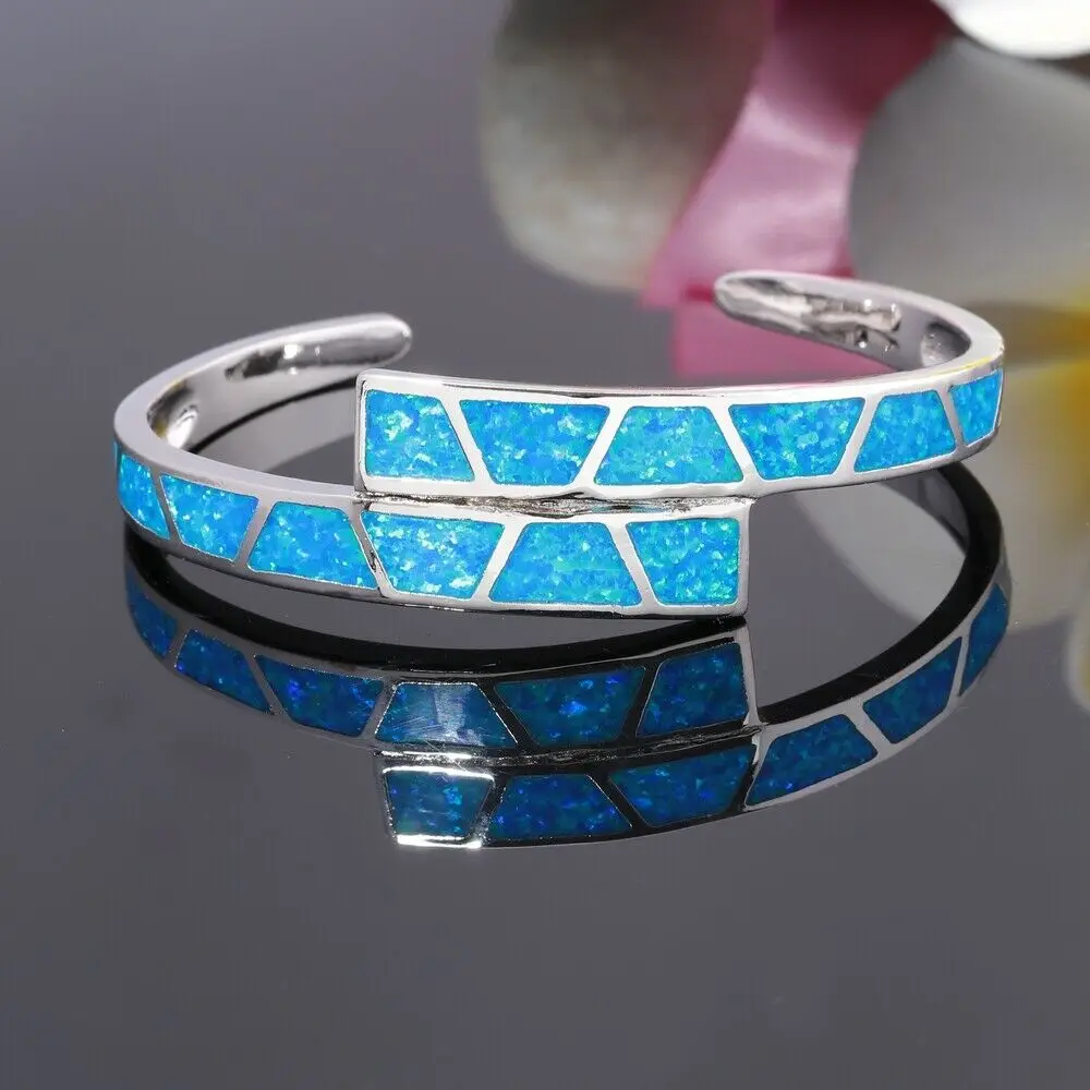 CiNily Ocean Blue Fire Opal Stone Open Bangles Silver Plated Adjustable Bracelet Luxury Large Spring Jewelry Bohemia Boho Female