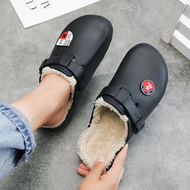 NEW Winter Men Waterproof Mule Clogs PU Warm Fluffy Cotton Indoor Shoes Buckle Slides Footwear Home Slippers  Plus Size 40-45