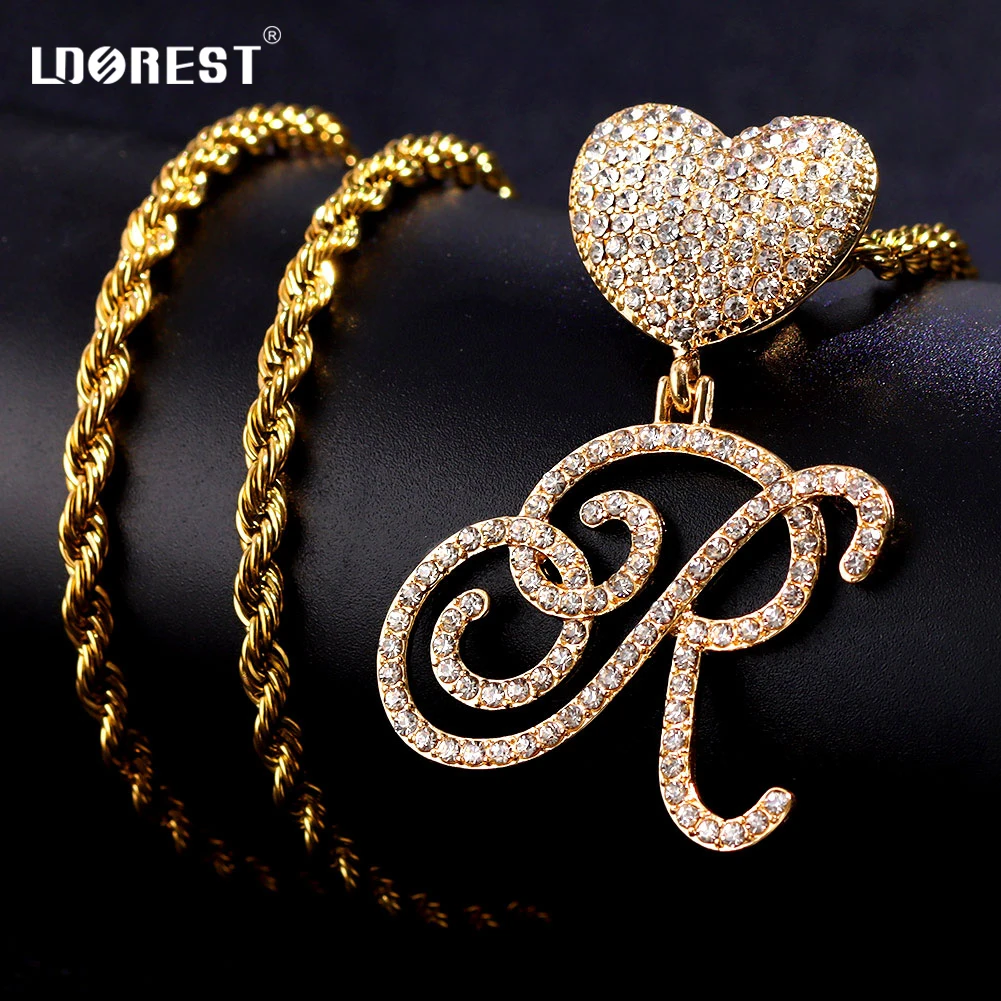 Women Men Stainless steel Rope Chain Cursive Letters Pendant Necklaces Iced Out Letters With Heart Metal Necklace Hiphop Jewelry