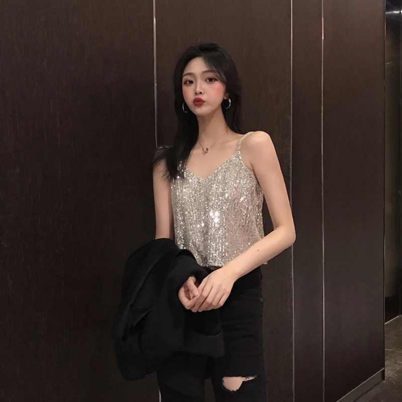 Shining Camisole Sequined Vest Sparkle Sequin Tank Glitter Party Tops Date Party Night Out Streetwear for Teens Girl Summer Tops