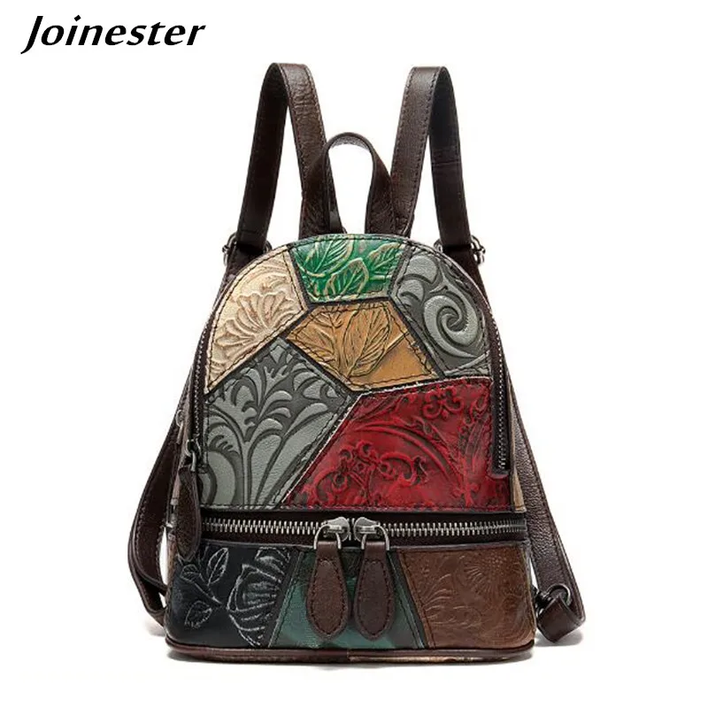 Women Patchwork Full Grain Leather Backpack Retro Style Small Daypack Casual College Travel Bag Girls Mini Schoolbag