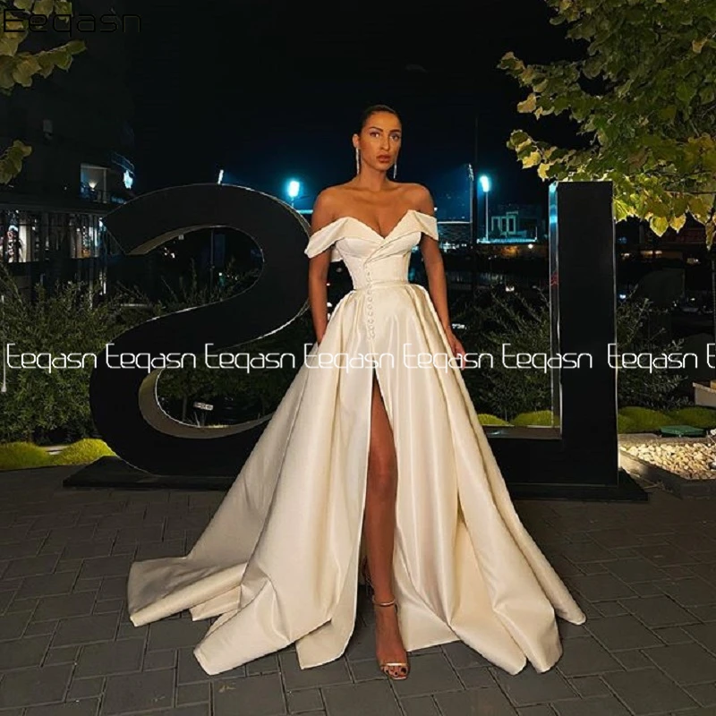 Eeqasn A-line Prom Dress 2025 Satin Off the shoulder V Neck High Slit Long Evening Gown Formal Vestidos De Gala Customized