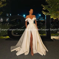 Eeqasn A-line Prom Dress 2026 Satin Off the shoulder V Neck High Slit Long Evening Gown Formal Vestidos De Gala Customized