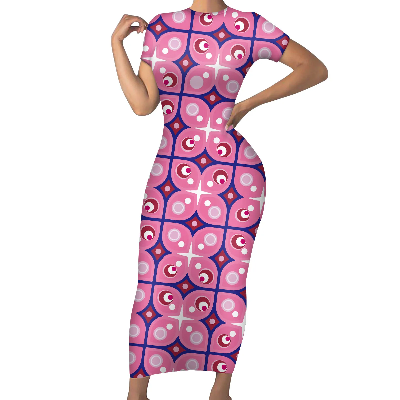 

African Tribal Elements Print Dress Short Sleeves Tight O Neck And Small Retreat Belly Size Sexy Fashion Summer Night Party Dres