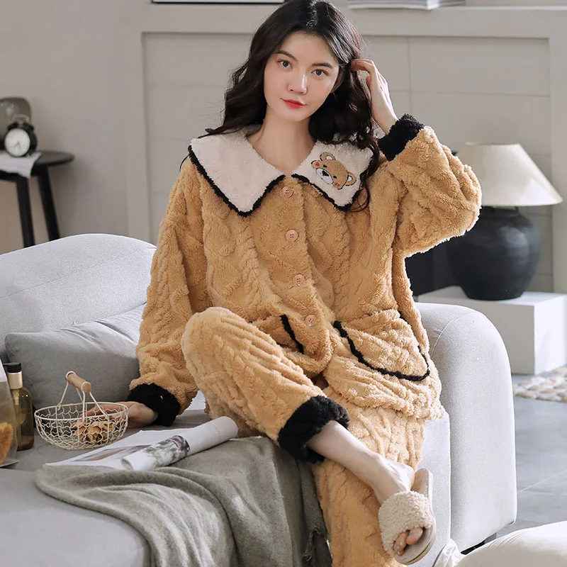 Winter Thick Warm Women Flannel Pajamas Set Cartoon Long Sleeve Turn-down Collar XXL Female Nighty Homewear