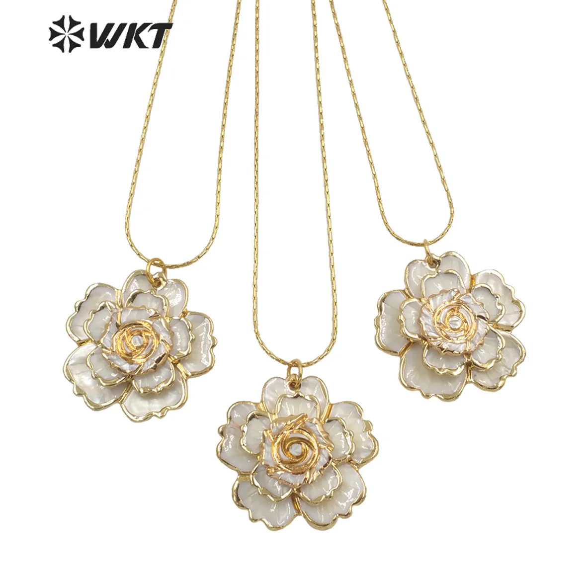 WT-JN143 Wholesale Gold Plated Women Handmade Carved Rose Flower Pendant Necklace Multi Layer Natural White Shell Jewelry