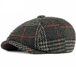 HT2700 Autumn Winter Wool Hat Flat Cap Retro Plaid Men Women Octagonal Cap Plaid Artist Painter Hat Men Women Beret Cap