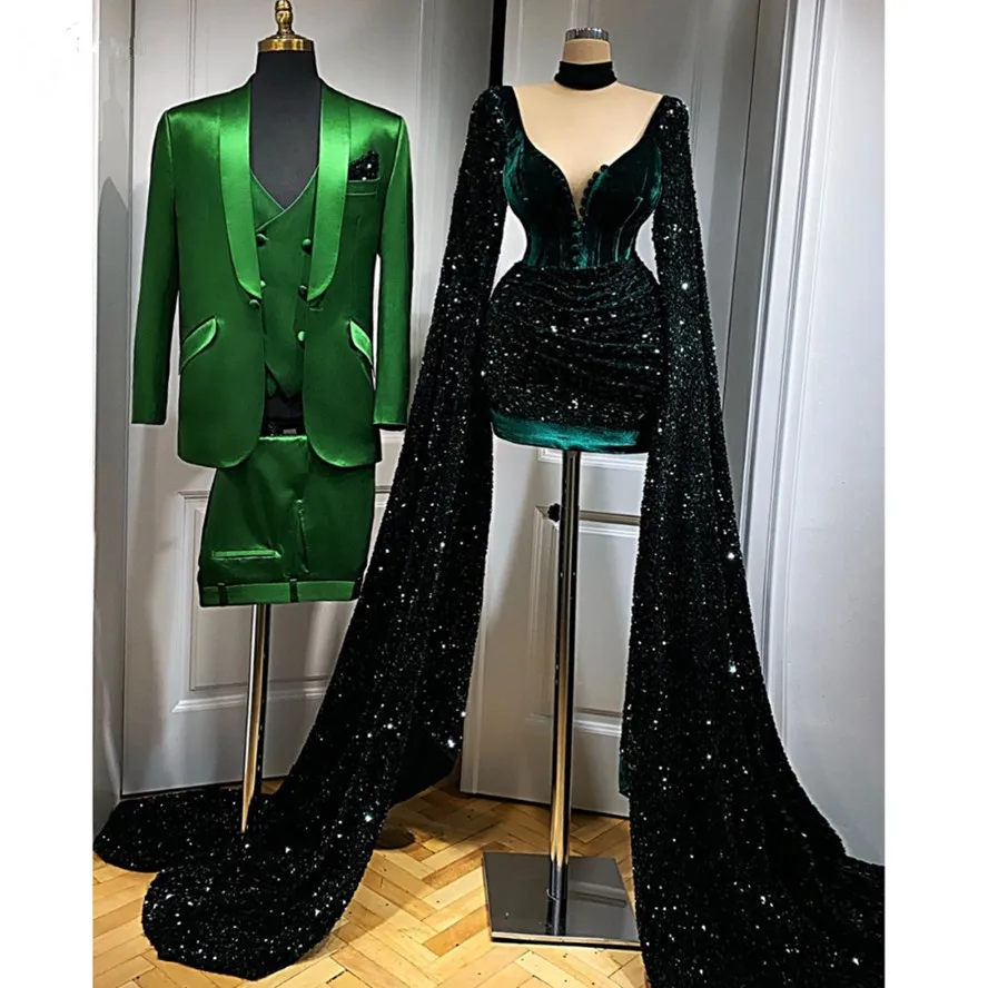 Very Long Sleeves High Grand Formal Dresses Sexy Prom Gowns Formal Bling Emerald Green Sequined Short Party Dresses 2024