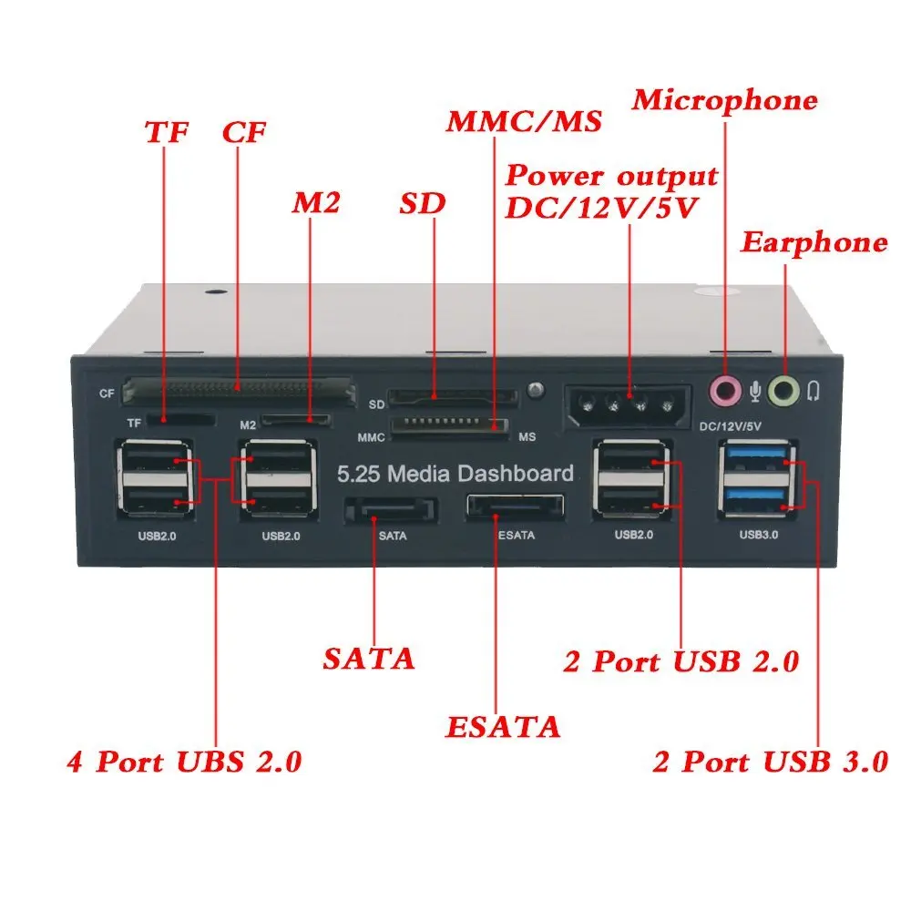 Multi-Function USB 3.0 Hub ESATA SATA Port Internal Card Reader PC Media Front Panel Audio For SD MS CF TF M2 MMC Memory Cards