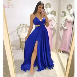 2024 V Neck Prom Dress Long Formal Gown For Women Evening Royal Blue Cut Out Waist Sexy Satin Party Gowns Front Split