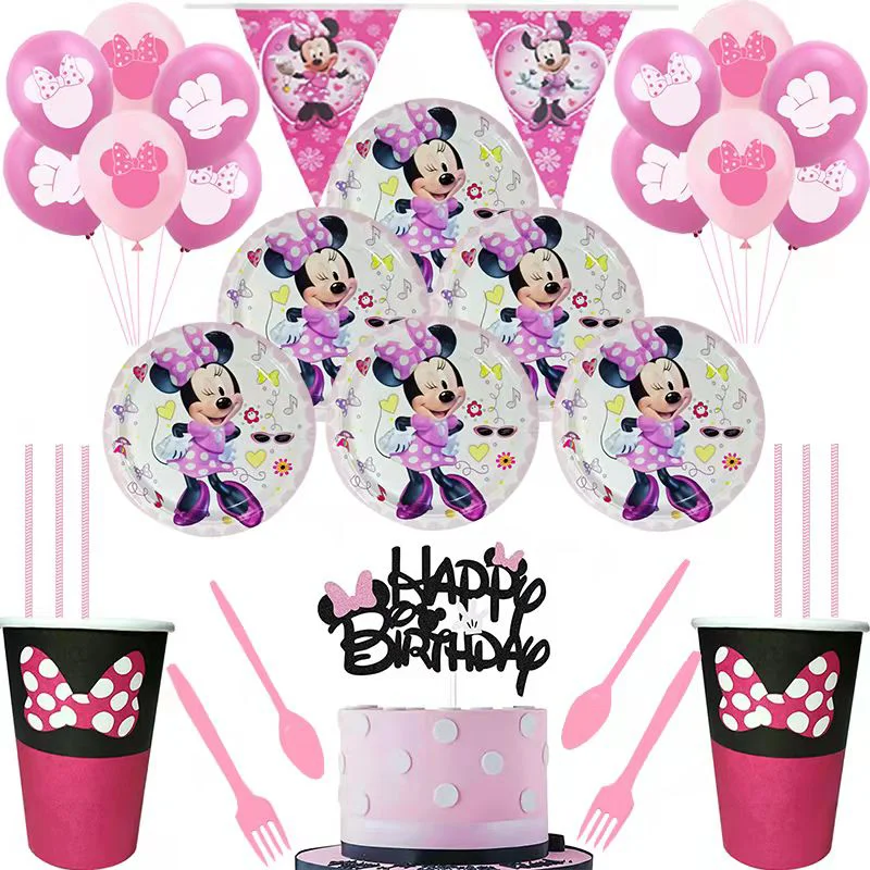 Minnie birthday party tableware set, Minnie cutlery, cups, plates, cake decorations, baby shower, children's birthday, girl deco