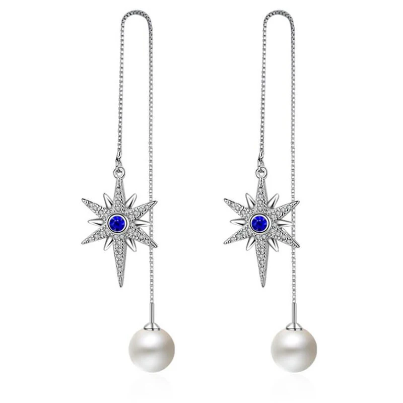 Chất Liệu Bạc 925 Micro AAA Zirconia Hexagram Ngôi Sao Tua Dài Bông Tai Nữ Mô Phỏng Ngọc Trai Bông Tai Giọt S-E289