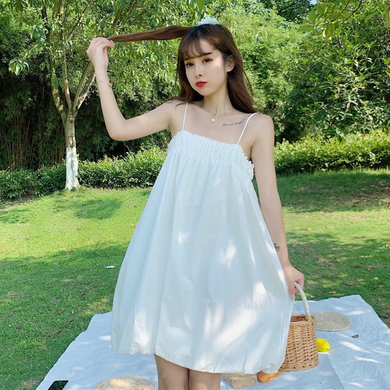 Japanese Sweet Pleated Slim-Fit Strapless Bra Square Collar Thin Strap Careful Machine Bubble Skirt Sleeveless  lolita dress