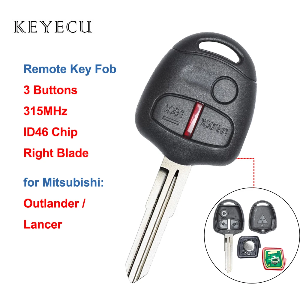 Keyecu Chiave A Distanza Dell\'automobile Fob 3 Bottoni 315 MHz ID46 Chip per Mitsubishi Lancer Outlander 2008 2009 2010 2011 2012 2013 Lama Destra