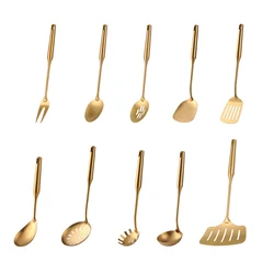 1PCS Stainless Steel Gold Cooking Tools Anti-Slip Handle Kitchen Utensils Set Turner Ladle Spoon Home Restaurant Accessories