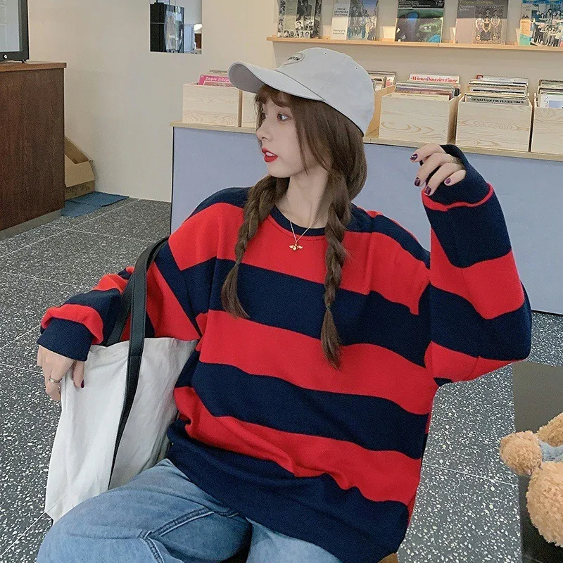 Loose Striped Sweatshirts Women Fleece Thick Oversized Harajuku T-Shirts Female Long Sleeve O Neck Korean Fashion Tops 2021