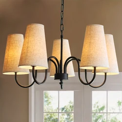 Modern American Rural LED Iron Chandelier Lighting Retro Cloth Cover Pendant Lamp for Living Room Bedroom Dining Room Decor