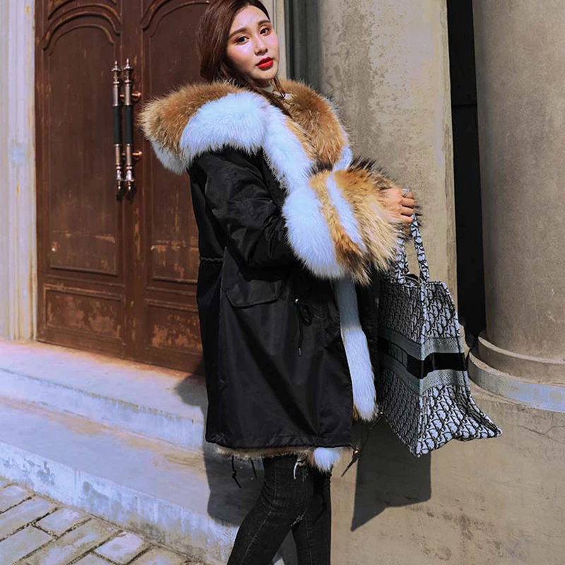 Pai overcome the new winter coat jacket real fox fur collar hooded fur liner mid-length coat loose casual wear thickening