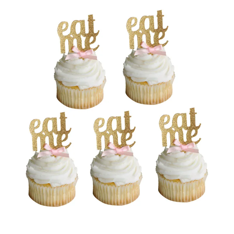 Eat Me Cupcake Toppers with Baby Pink Bows Gold First Birthday Decoration Kids Girls Boys Baby Shower Decoration Party Supplies