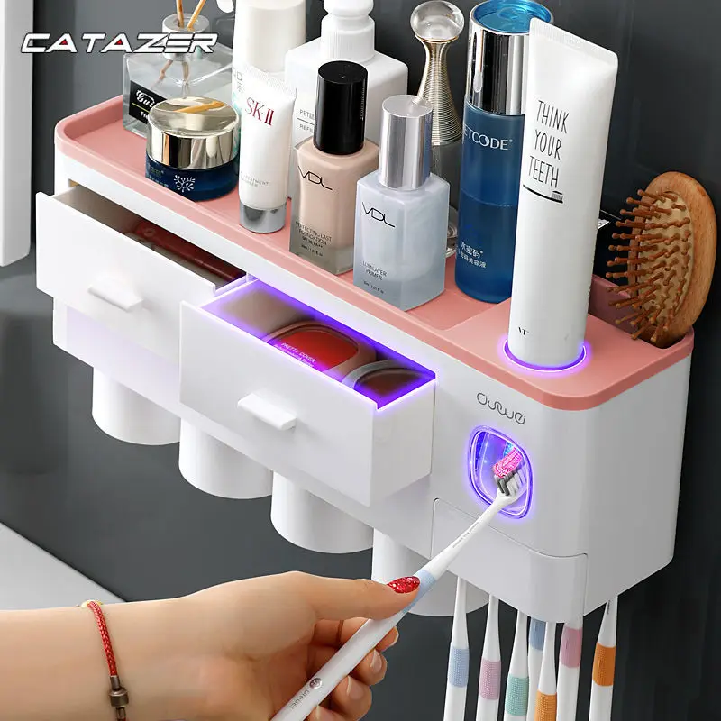 

Bathroom Accessories Organizer Set Toothbrush Holder Automatic Toothpaste Dispenser Holder Toothbrush Wall Mount Rack Tools Set