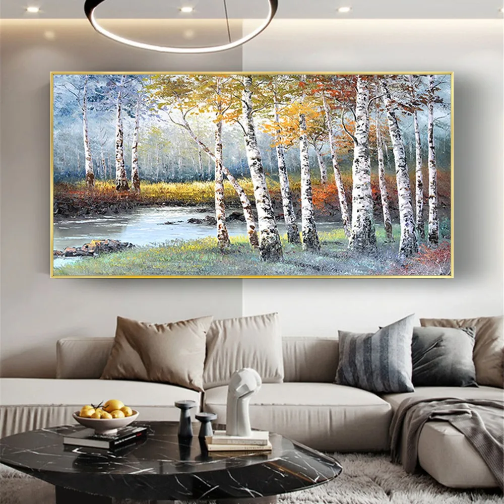 Nordic Natural Landscape Abstract Oil Painting On Canvas Pictur White Birch Forest Lake Scenery For Home Room Decor Wall Art