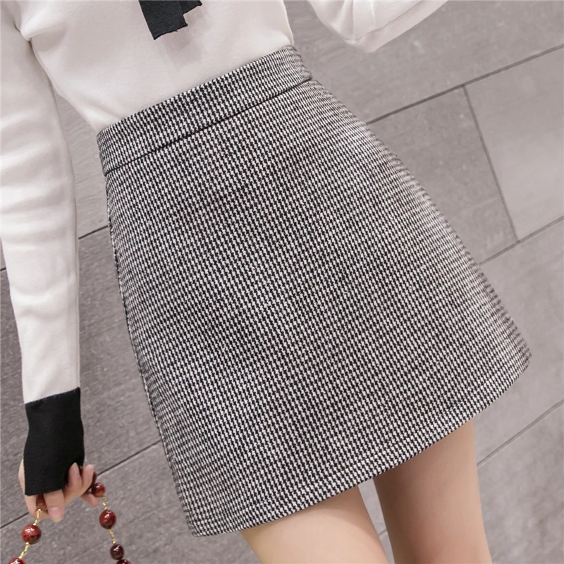 New Fashion Plaid A-Line Mini Skirt Women Autumn Winter High Waist Woolen Skirt Female Casual All-match Basic Short Skirt