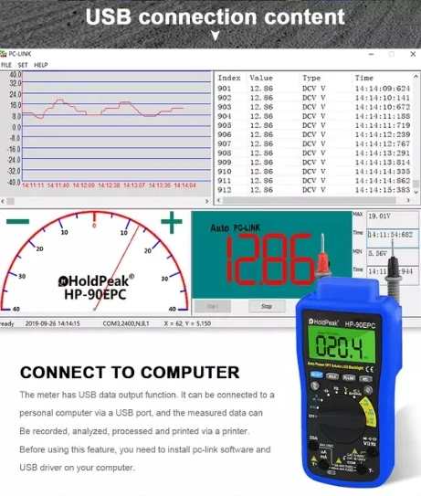 HoldPeak  HP-90EPC Multimetro Auto Range Digital Multimeter Meter with USB Cable to connect PC and Output & Record Data