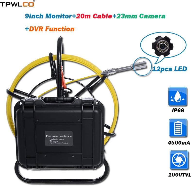 9inch Screen Drain Industrial Endoscope Inspection System With Sun-visor 20m Cable Waterproof 1000TVL 23mm Pipe Video Camera