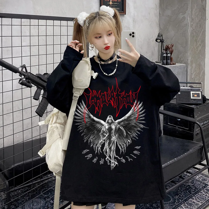 

Y2K Angel Demon Long Sleeve Round Neck Men's/Women Pullover Loose Dark Sweatshirt Harajuku Fleece Streetwear Unisex Oversize Top