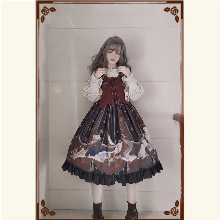 Vintage  bowknot cute printing Japanese student high waist princess victorian strap dress kawaii girl gothic lolita cos loli