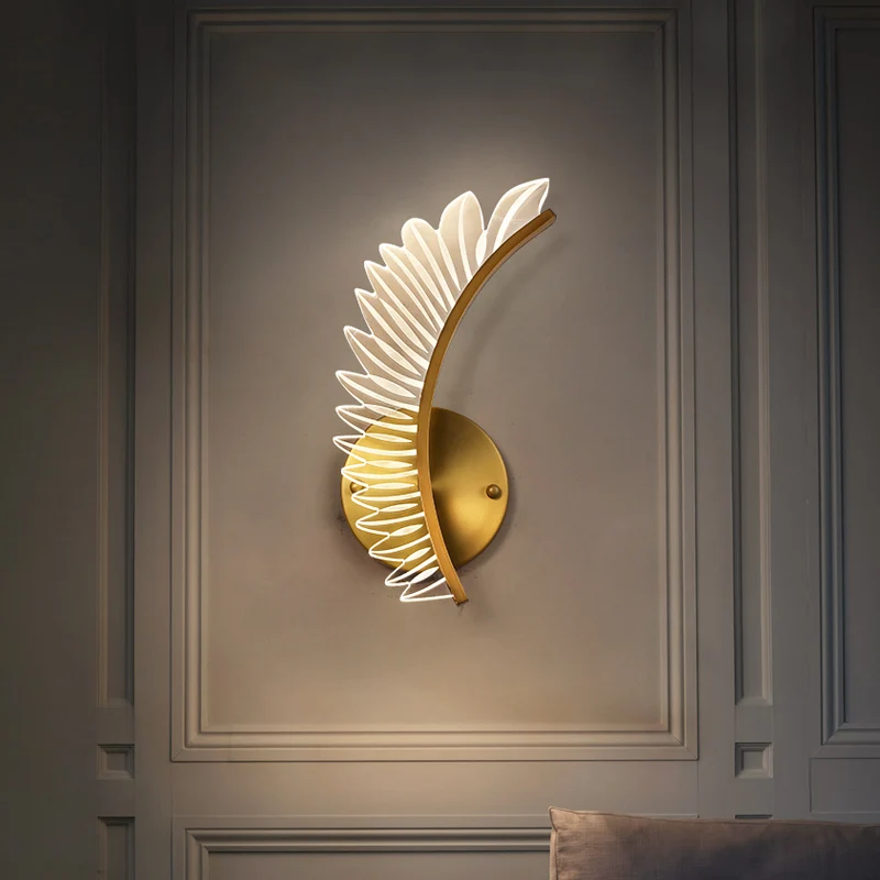 FKL Modern Gold Wall Lamp Feather Acrylic Lights For Living Room Aisle Bedroom Dressing Table LED Super Bright Decorative Lamps