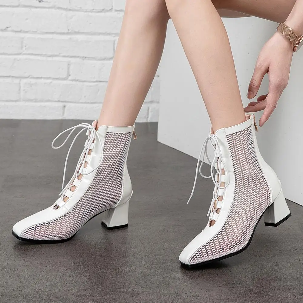 Summer Mesh Boots Women Lace-up High Heels Breathable Pumps Zip Thick Heels Fashion Autumn Shoes Female Footwear Big Size