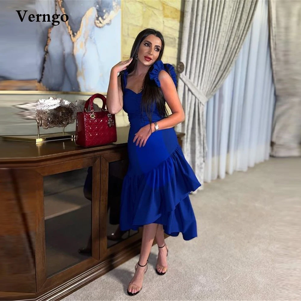 

Verngo Royal Blue Mermaid Prom Dresses Straps Sweetheart Tiered Skirt Tea Length Women Party Dress Simple Evening Gown