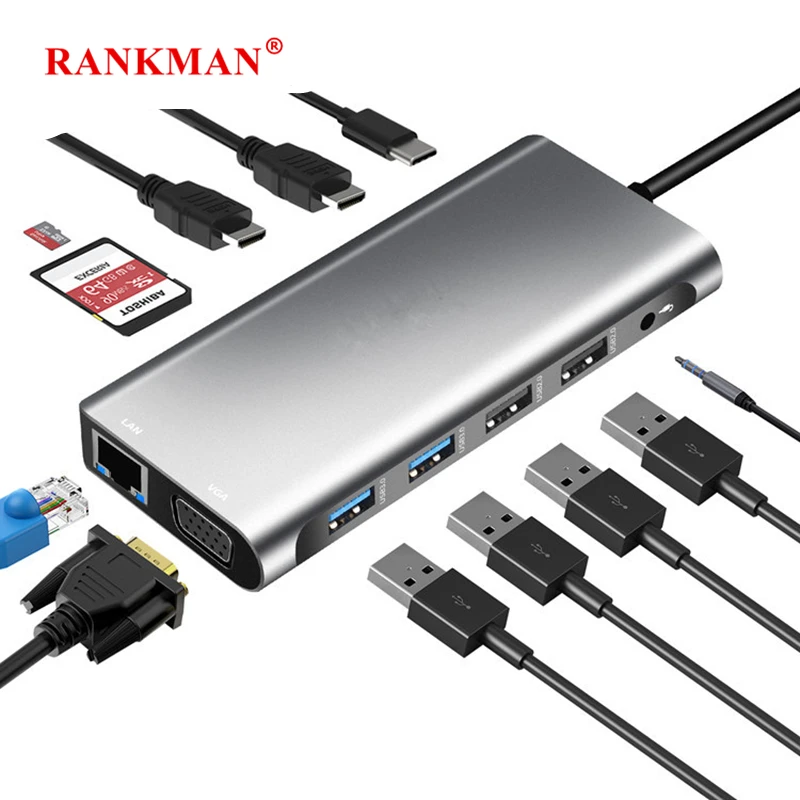 Rankman-Hub USB C a RJ45 Lan, 4K, HDMI, Compatible con VGA, USB 3,0, SD, TF, tipo C, PD, acoplamiento para MacBook, iPad, Samsung S23, Dex, TV, ordenador portátil
