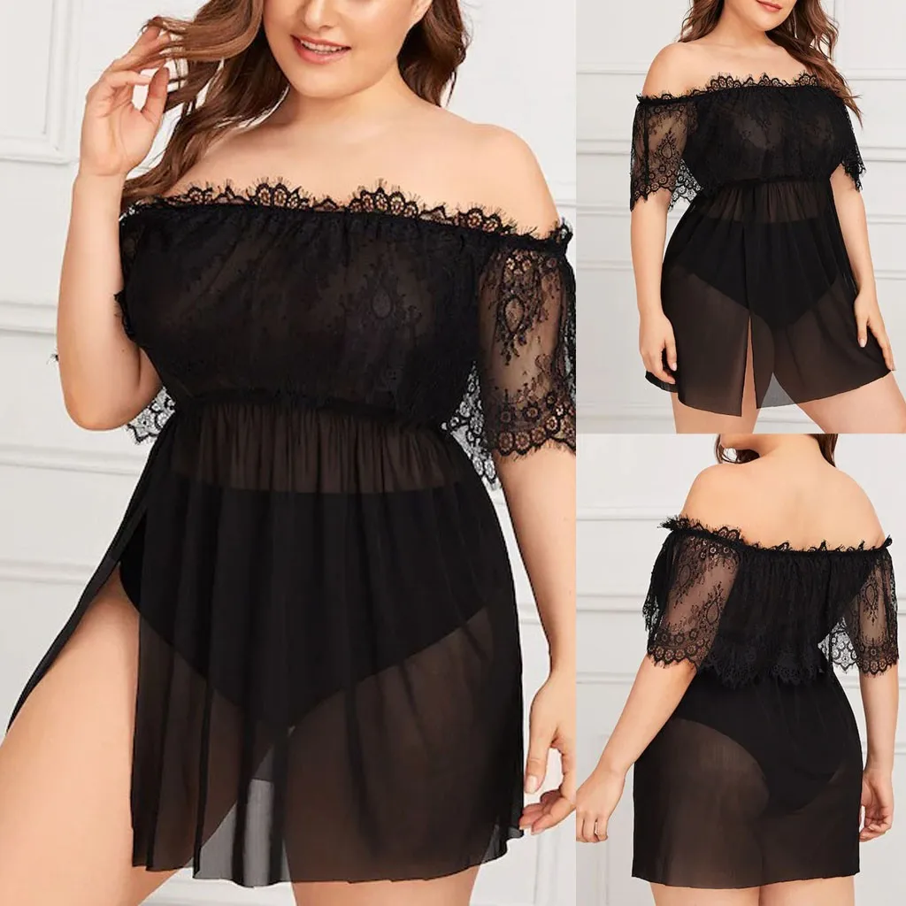 Lace Mini Night Dress Ladies Fat Gowns Women Porn Dress Sexy Lingerie Off Shoulder Sleep Wear Nightgown Lingerie Porno Plus Size