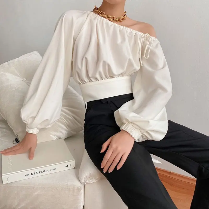 

Sexy Puff Sleeve Crop Shirts for Women White Off Shoulder Top Y2K Fashion Blouses Asymmetrical Autumn Long Sleeve Tees 2022