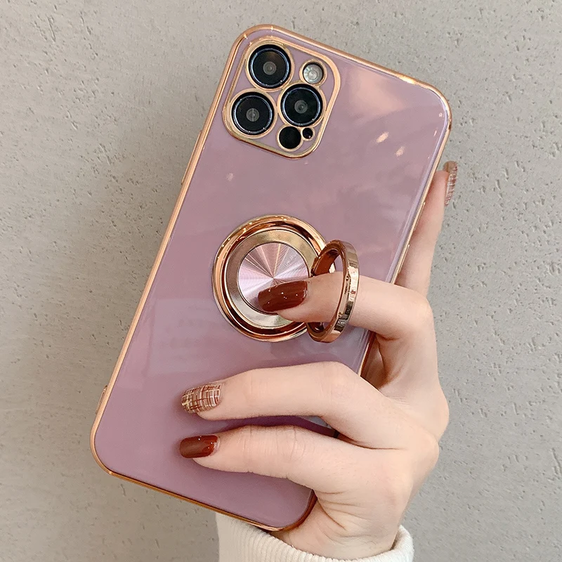 

Luxury Plating Finger Ring Holder Case For iPhone 13 14 Pro Max 16 15 12 Soft Phone Cover For iPhone 11 Case