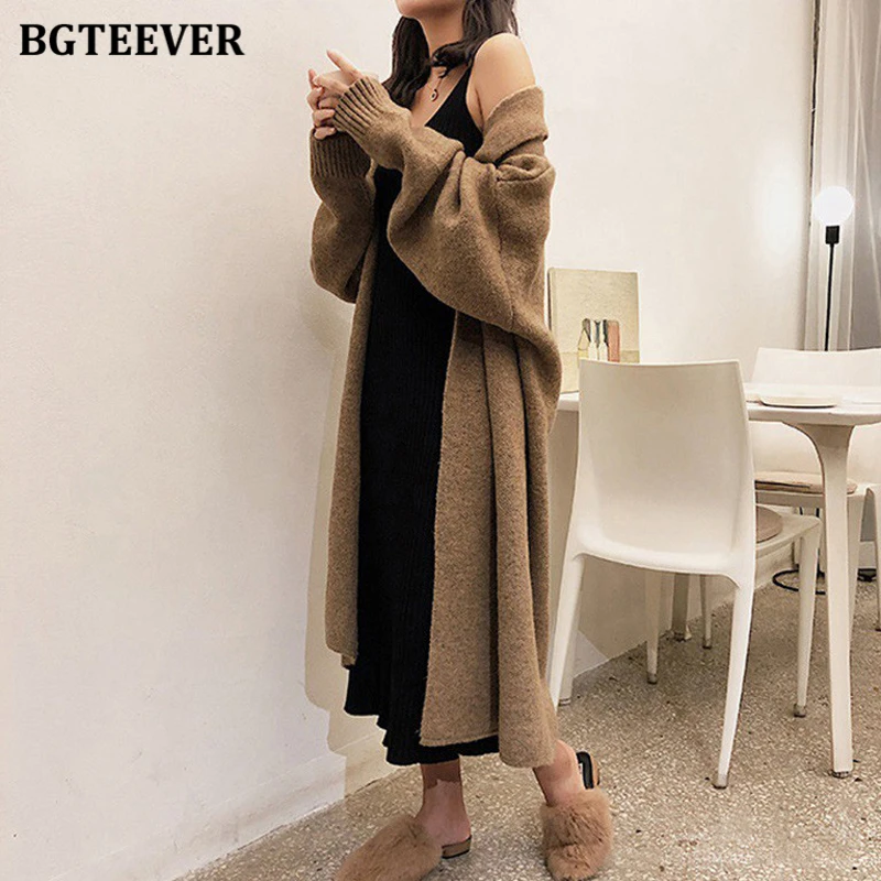 BGTEEVER Stylish Chic Oversized Knitted Cardigans for Women V-neck Soft Warm Loose Female Sweater Cardigans Autumn Winter 2020