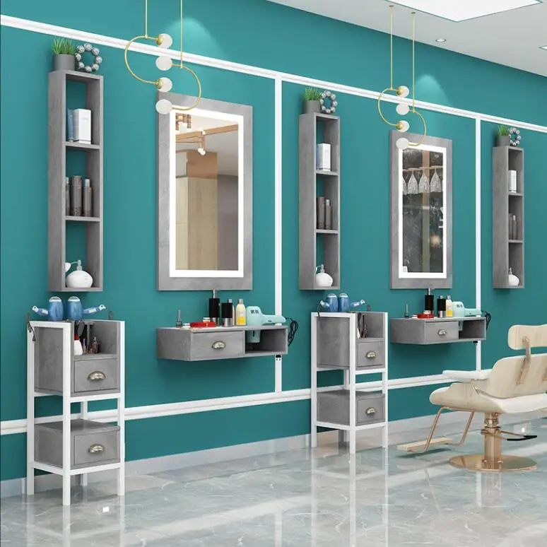 Hairdressing mirror wall-mounted solid wood cabinet one trendy style hair salon mirror LED lamp marble hot dyed mirror